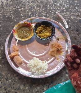 Delicious Bhandara at the akhadas - daal, subzi, poori, rice and sweet